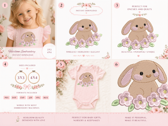 Adorable Cute Bunny Floral Embroidery Design