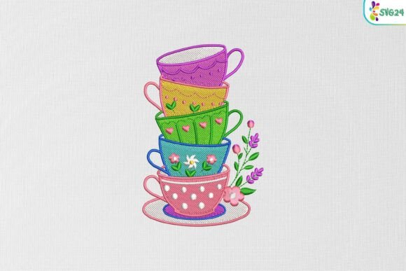 Charming Colorful Teacup Stack for Embroidery