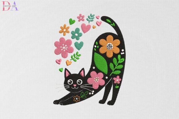 Floral Black Cat Stretch: A Charming Embroidery Design